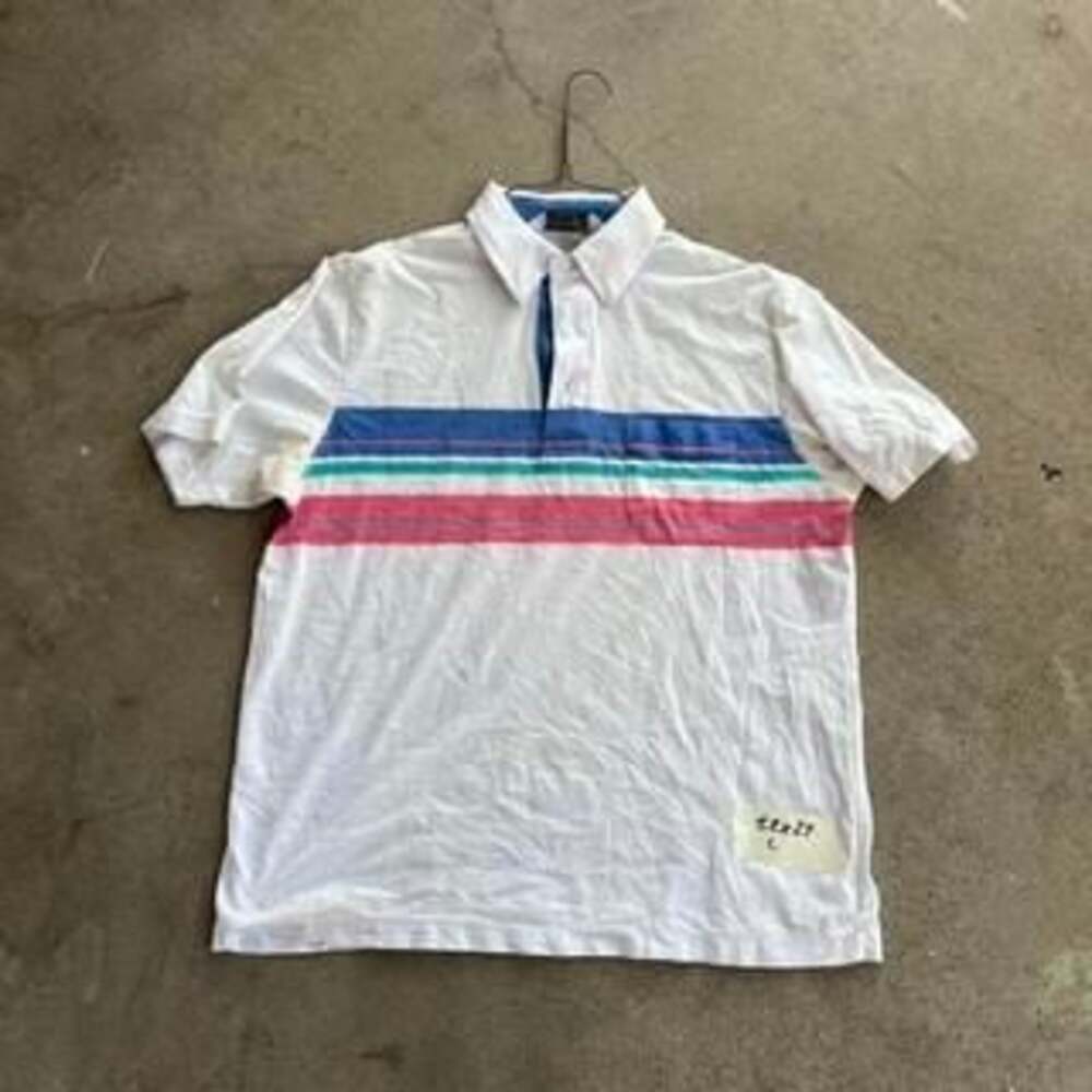 Vintage 80s Striped Polo Shirt - White with Blue, Green & Pink Stripes